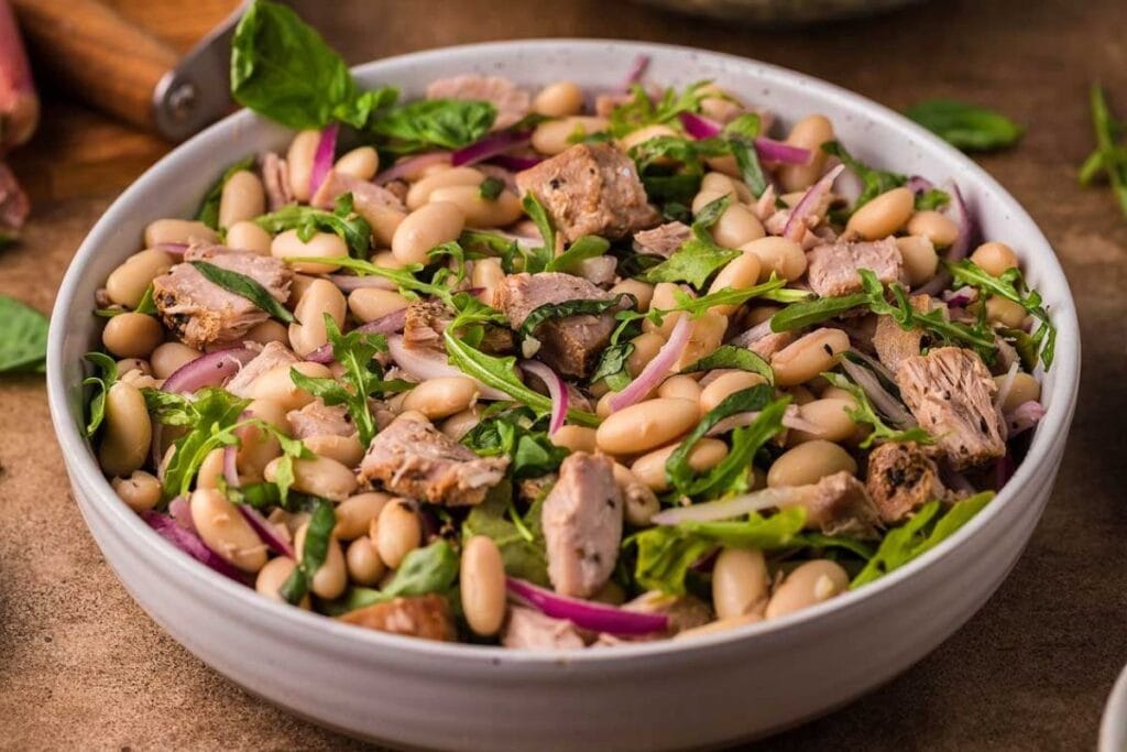 A bowl of tuna white bean salad.