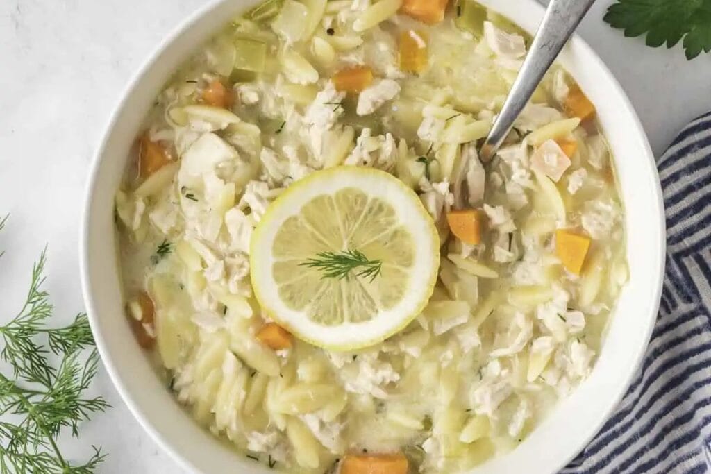 A bowl of chicken orzo soup.