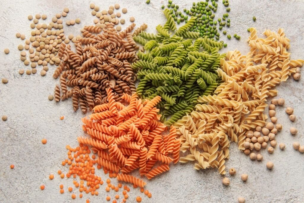 Lentil pasta in different colors.