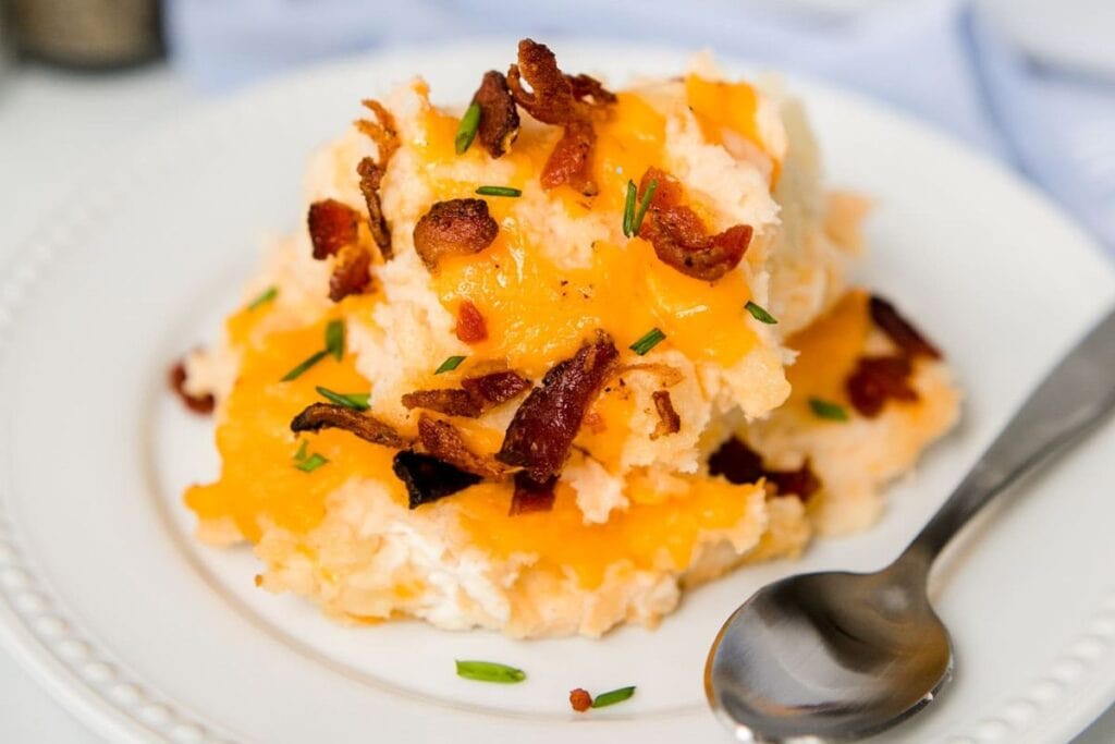Mashed potato casserole on a plate.