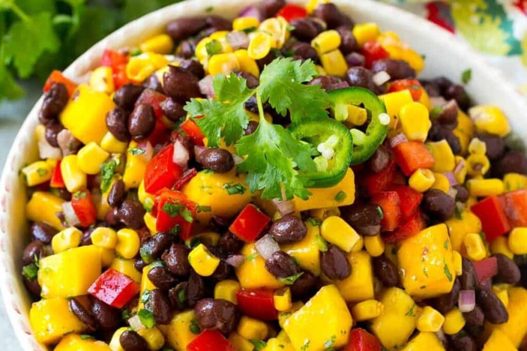 A bowl of black bean salad.