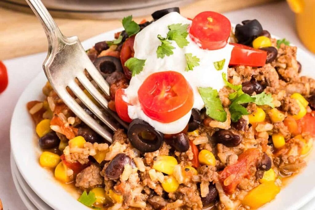 Beef rice skillet close up shot.