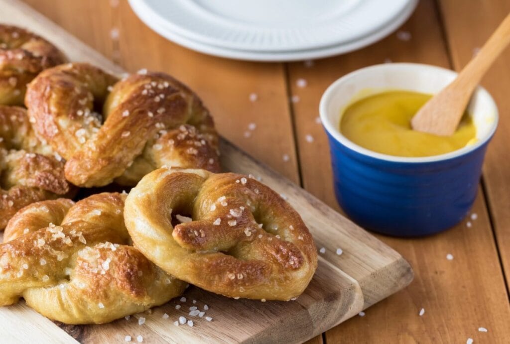 Soft pretzels with mustard.
