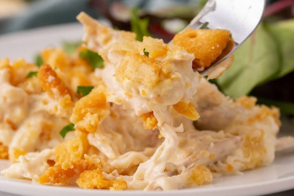 Chicken casserole on a plate.
