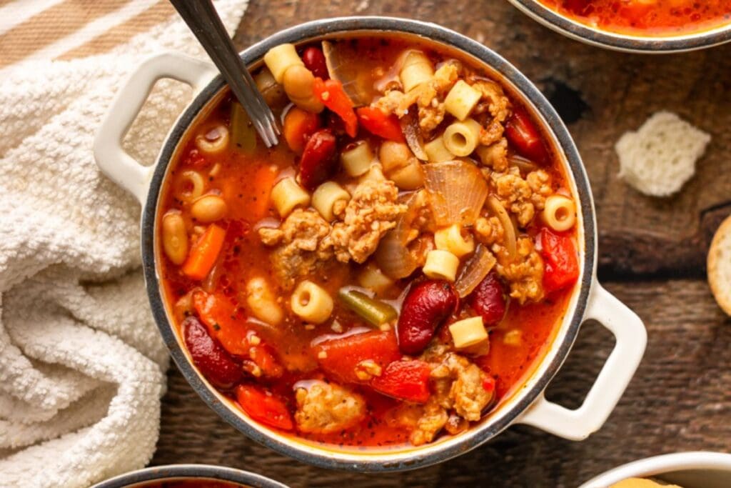 Fagioli soup in a pot.