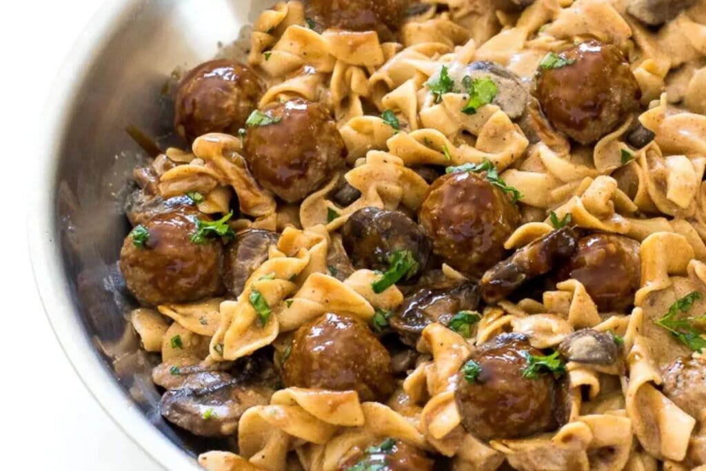 Meatball stroganoff close up shot.
