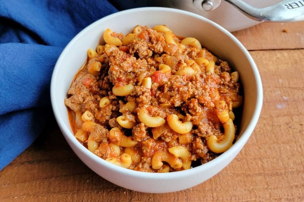 A bowl of American goulash.