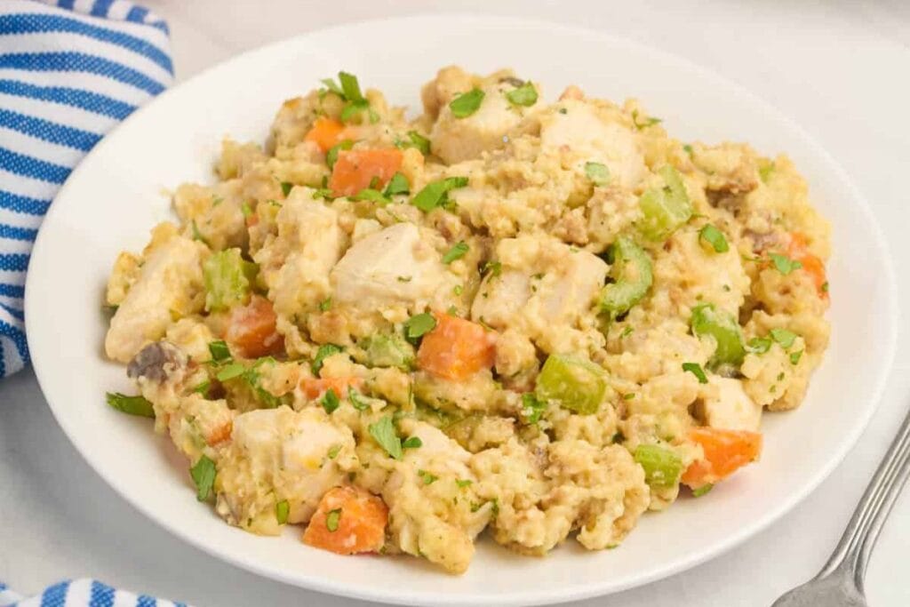 One pot chicken stuffing on a plate.