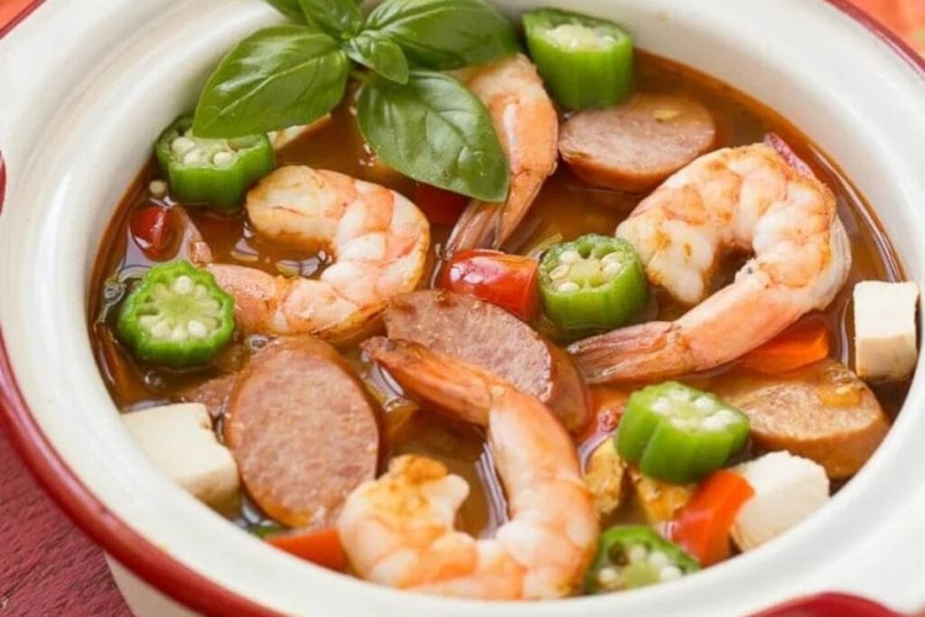 A bowl of shrimp gumbo.