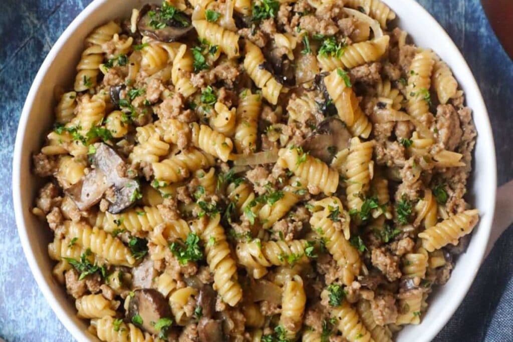 French onion pasta in a bowl.
