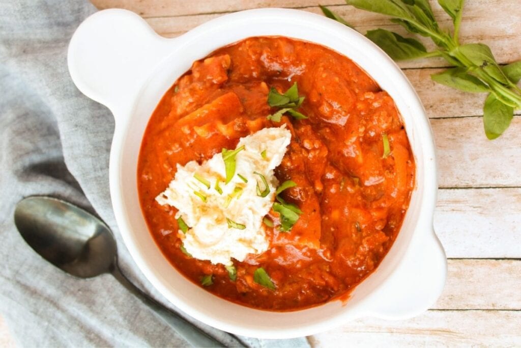 A bowl of lasagna soup.