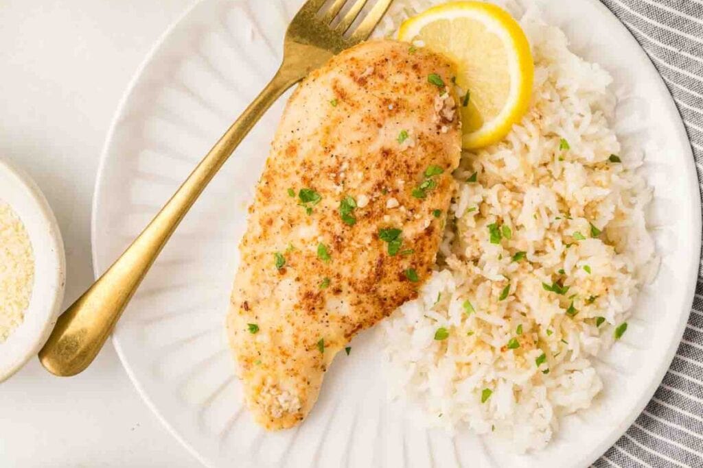 Lemon chicken on a plate.