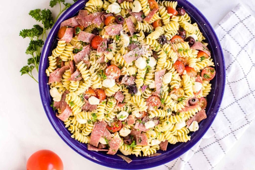 Pasta salad in a bowl.