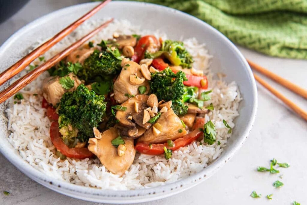 Chicken stir fry in a bowl.