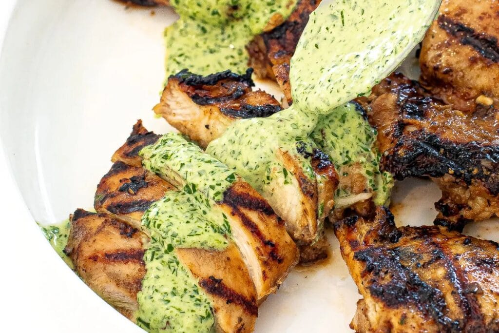 Chicken with green sauce.