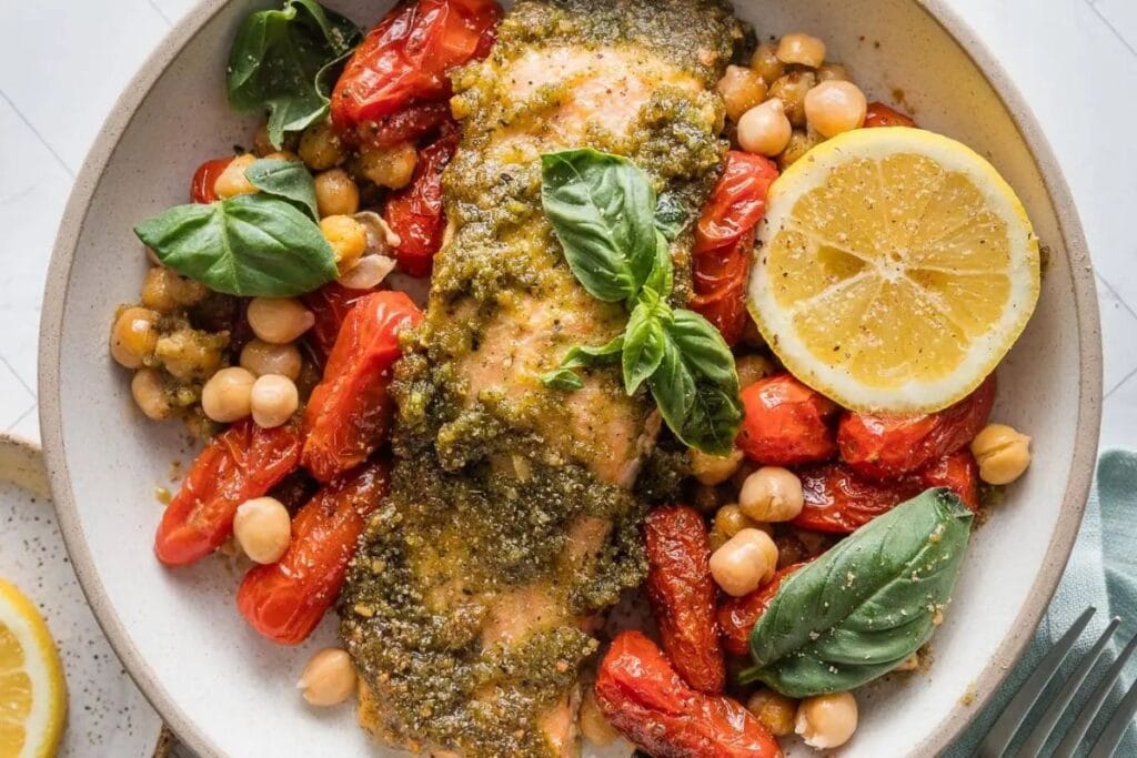 Salmon with chickpeas in a bowl.