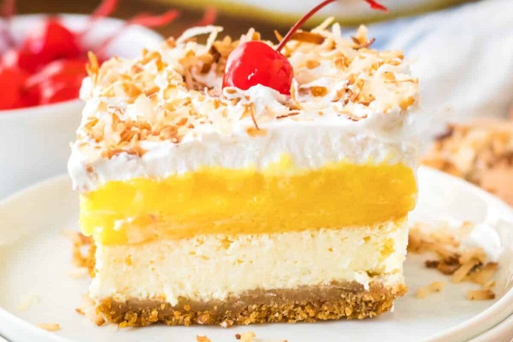 A slice of pina colada on a plate.