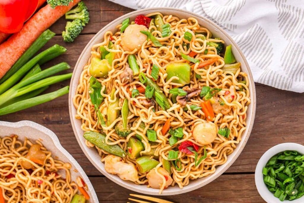 Ramen noodle stir fry on a plate.