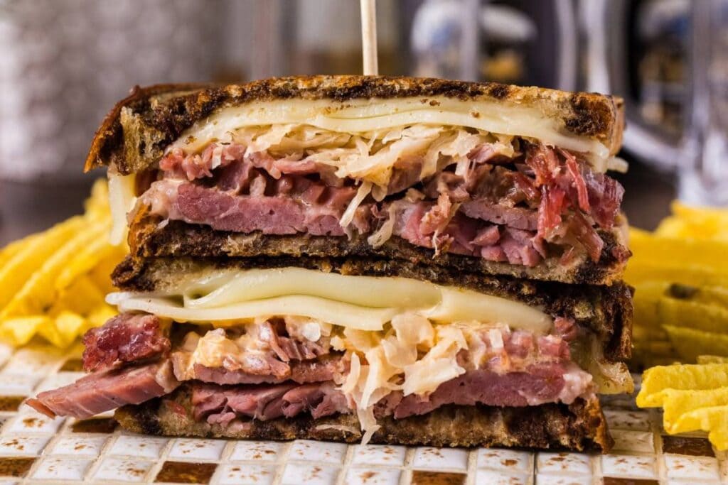 Sliced reuben sandwich.