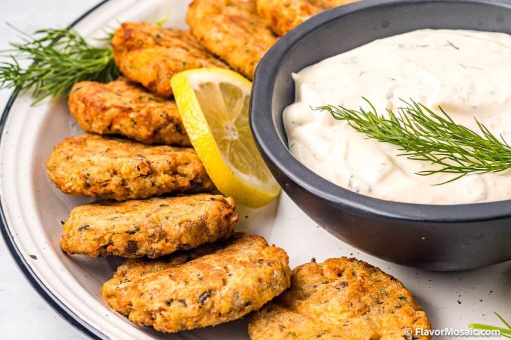 Salmon patties with dip.
