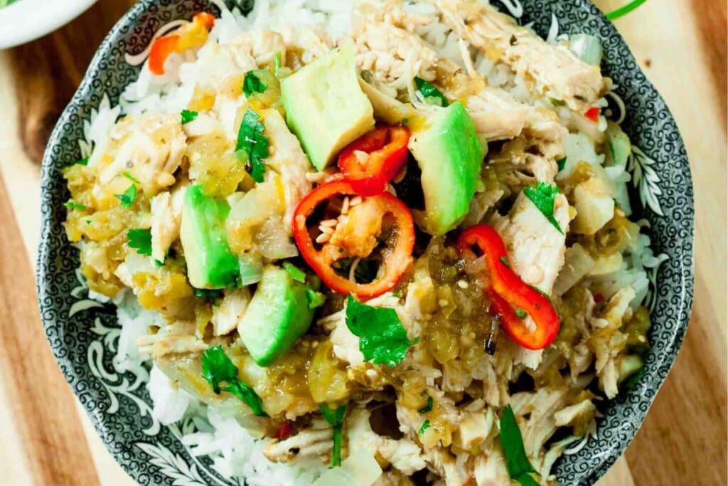 Salsa verde chicken in a bowl.