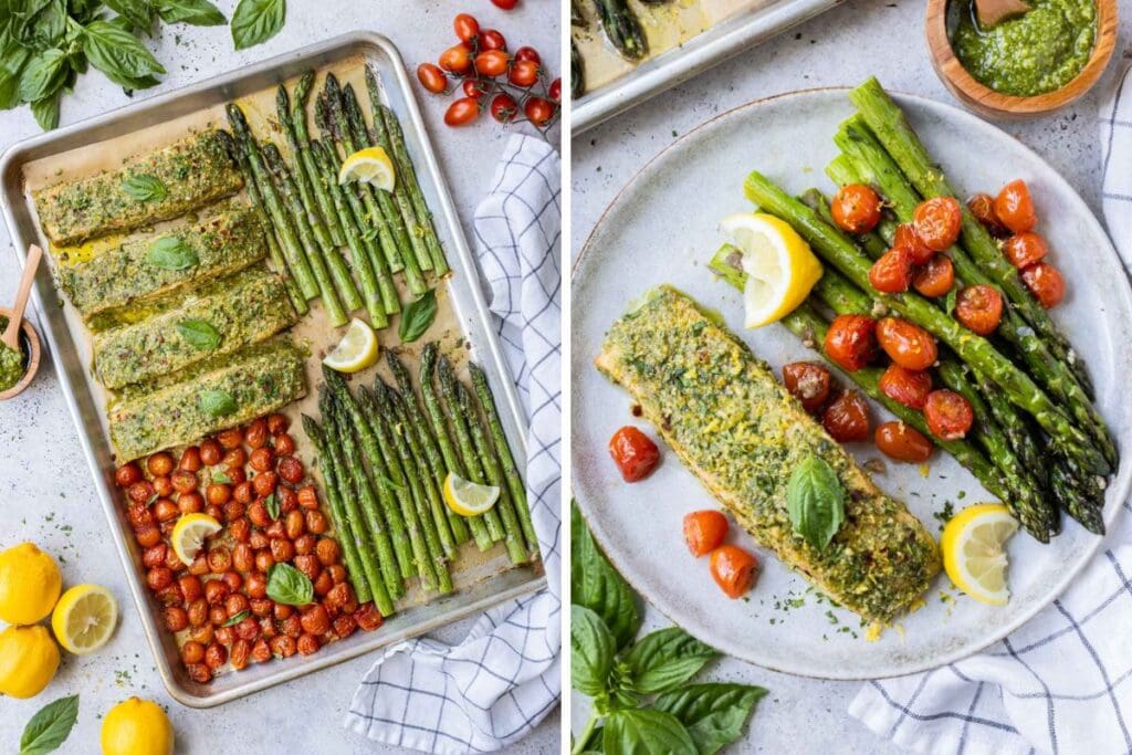 Sheet pan salmon and asparagus collage.