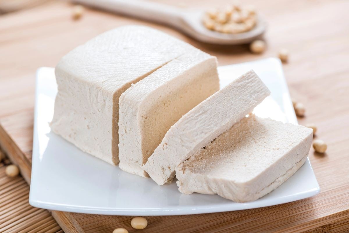 Sliced tofu on a plate.