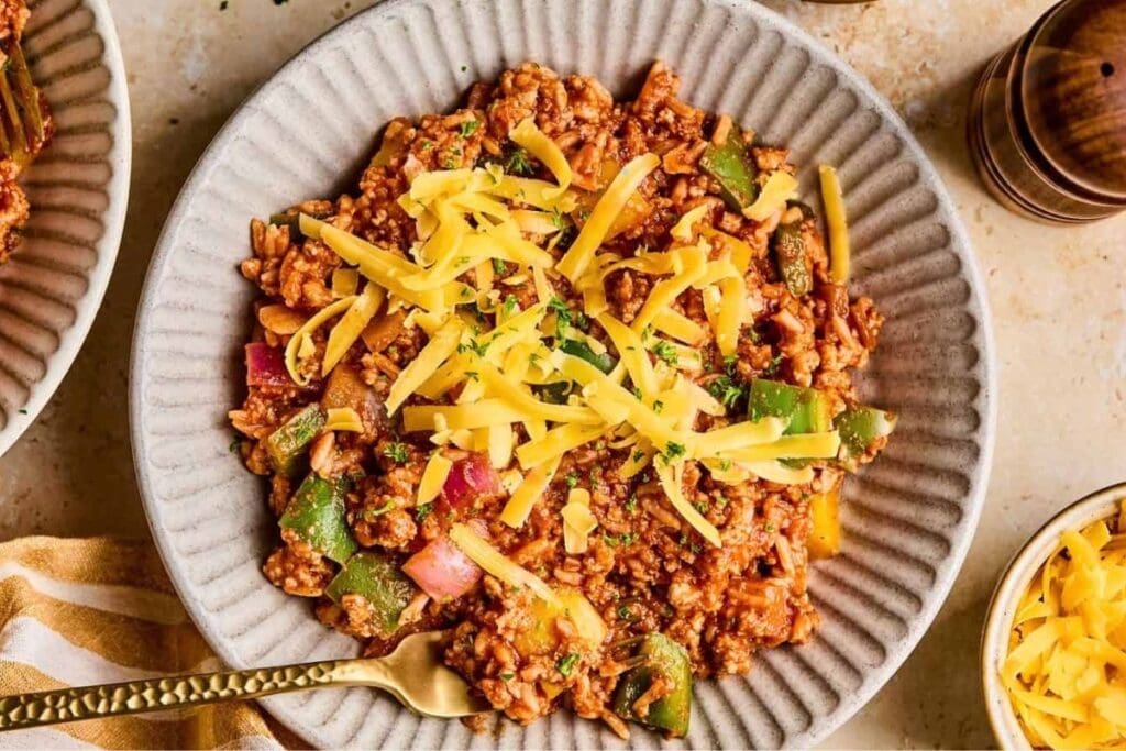 Ground turkey skillet on a plate.
