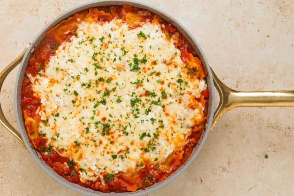 Ravioli lasagna in a pan.