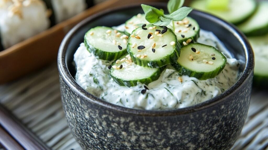 A bowl of cucumber with ranch dip.