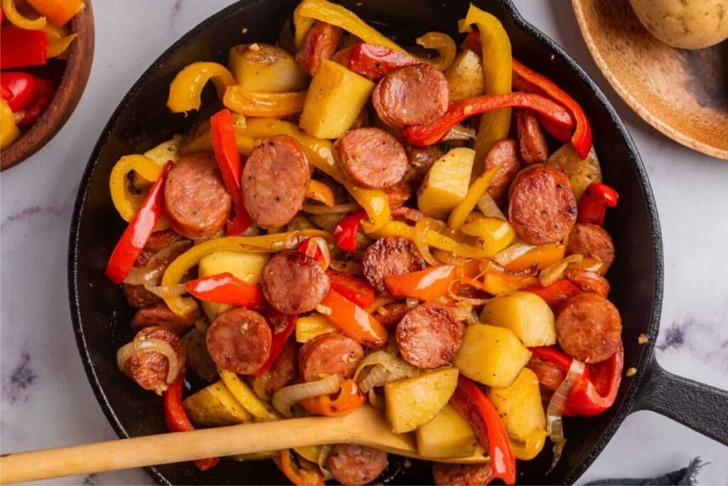 Smoked sausage and potatoes skillet.