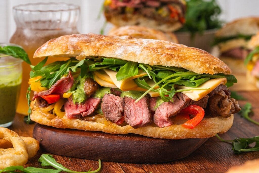Steak sandwich close up shot.