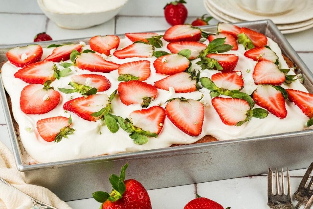 Tres leches cake with strawberries.