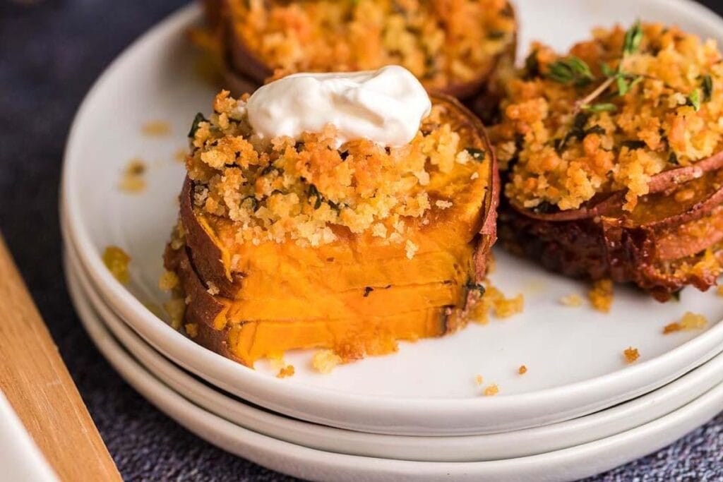 Sweet potato casserole on a plate.