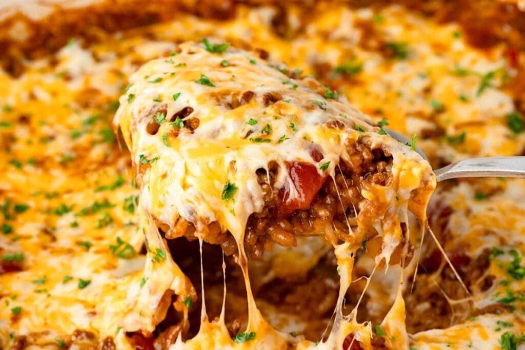 Rice casserole with pulled cheese.