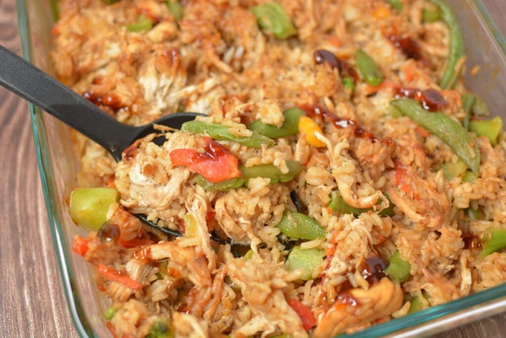 A spoonful of chicken casserole.