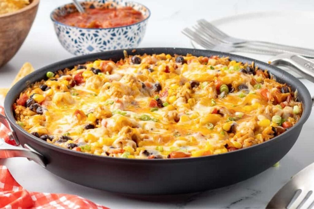 Chicken rice skillet in a pot.