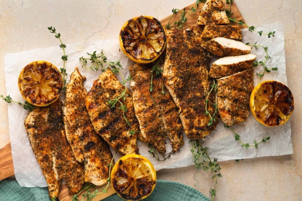 Roadhouse herb crusted chickens on a plate.