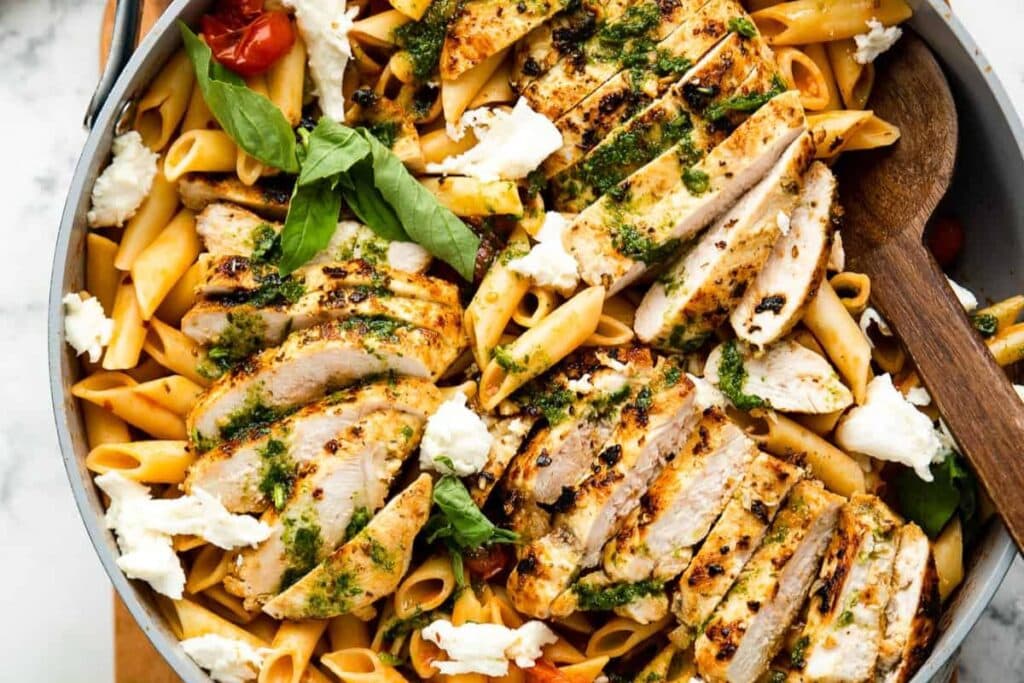 Tomato basil pasta in a pan.