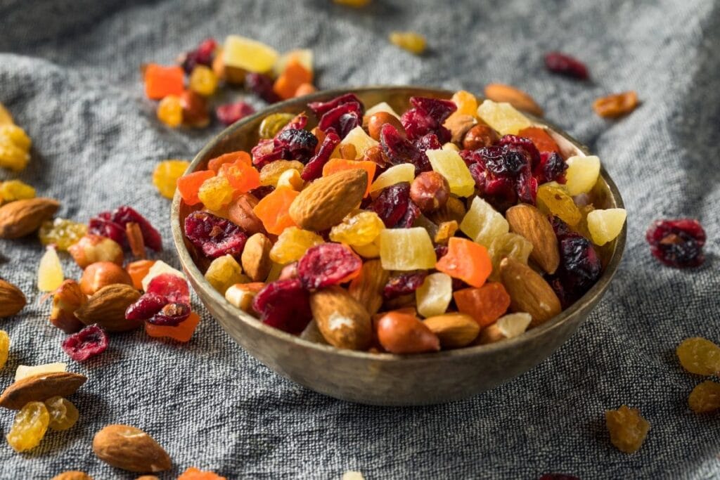 A bowl of trail mix.