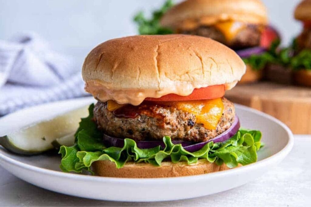 Turkey burger close up shot.