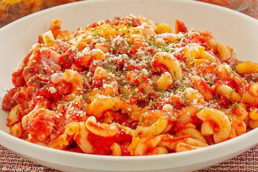 A bowl of ground beef casserole.