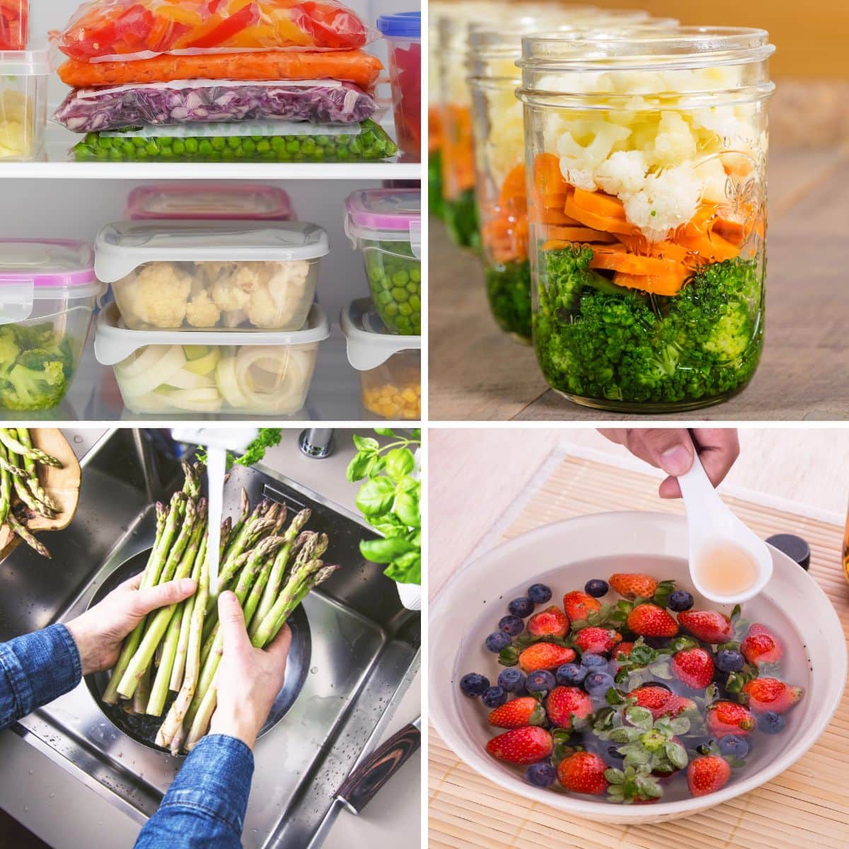 Collage showing different ways to make produce last longer.