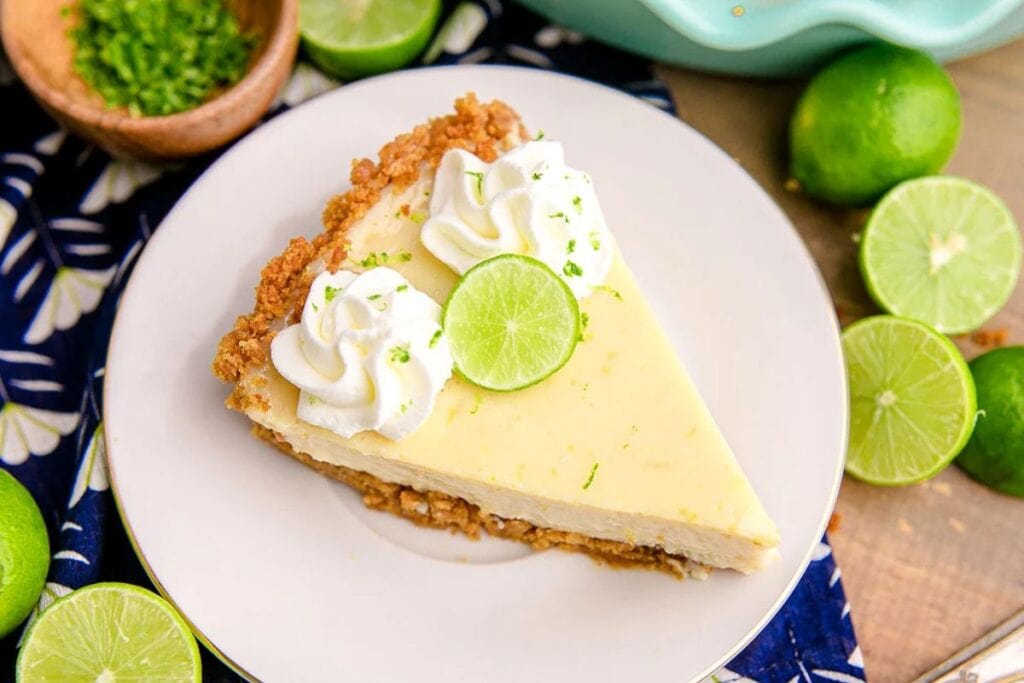 Key lime pie on white plate.