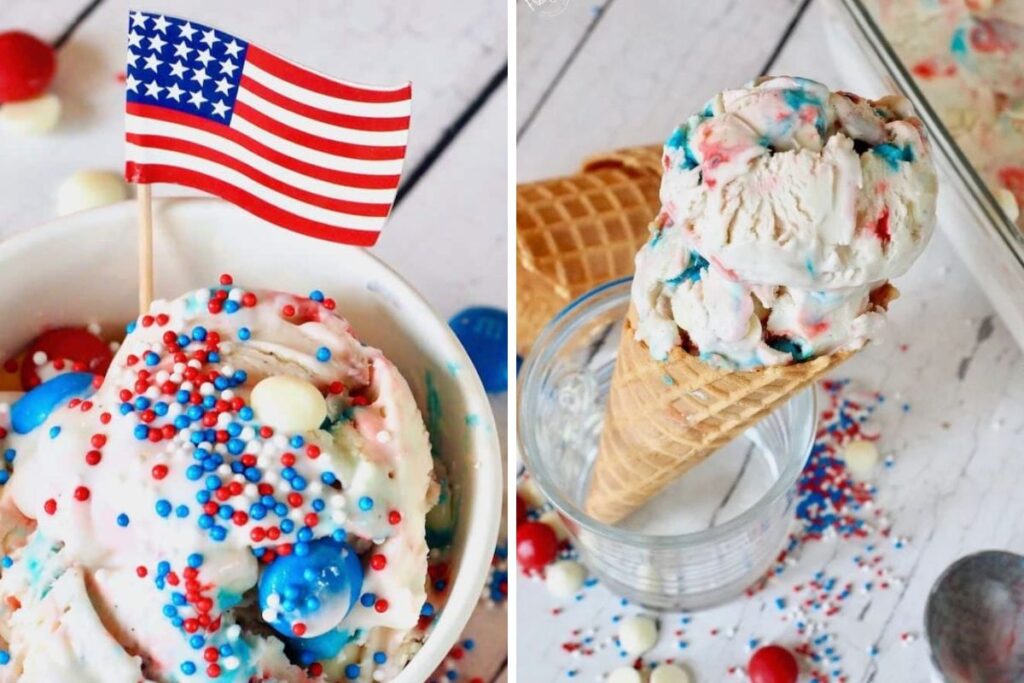 A bowl of ice cream with a patriotic flag and red and blue chocolate swirls.