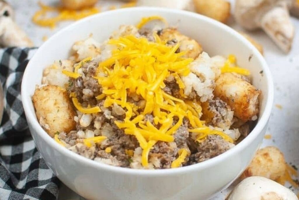 A bowl of tater tot casserole.