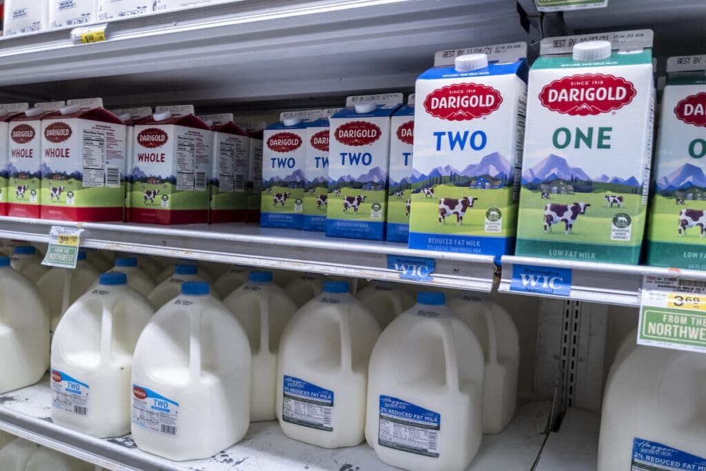 Dairy products on shelves.