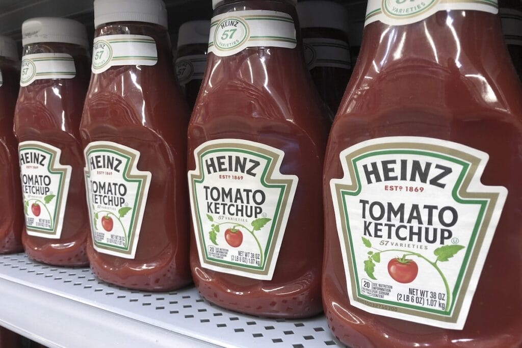 Tomato ketchup in bottles.