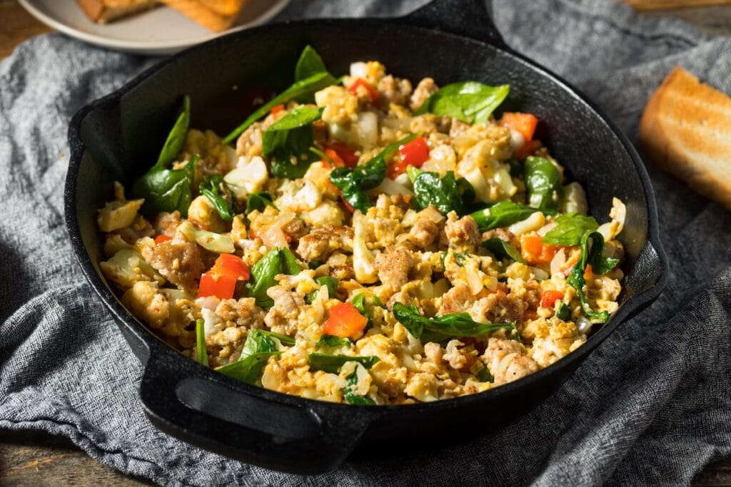 Veggie scramble in a pan.