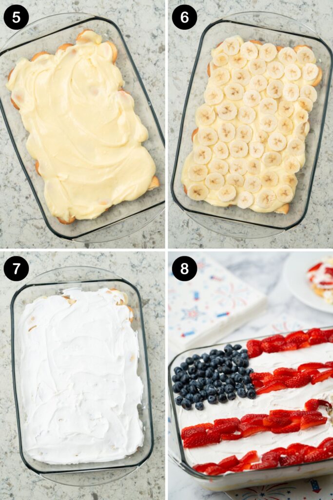 Four images showing how to make flag icebox cake step by step.